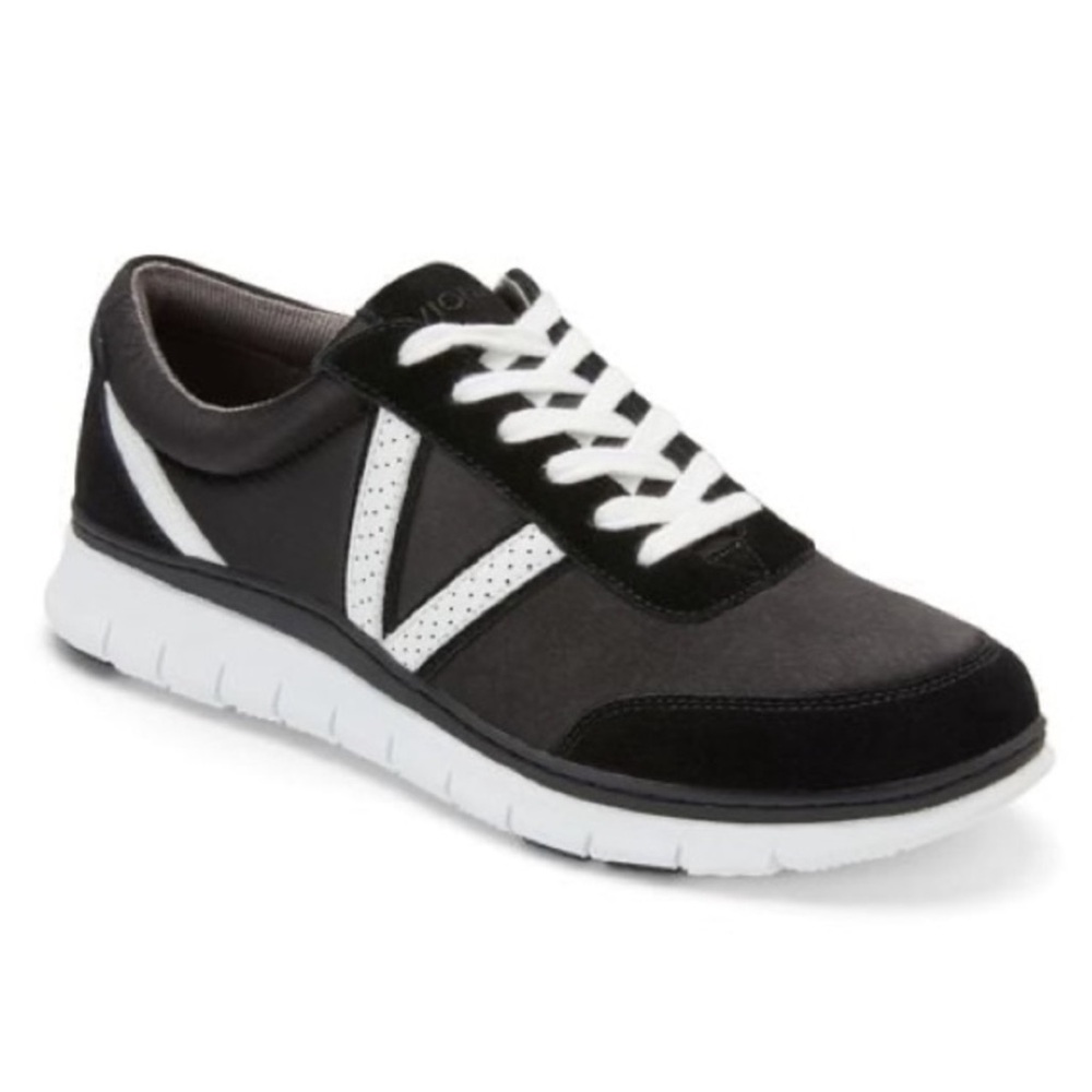 Vionic Nana Sneakers Black Suede White Logo 8 Arch Support Orthotic Retro